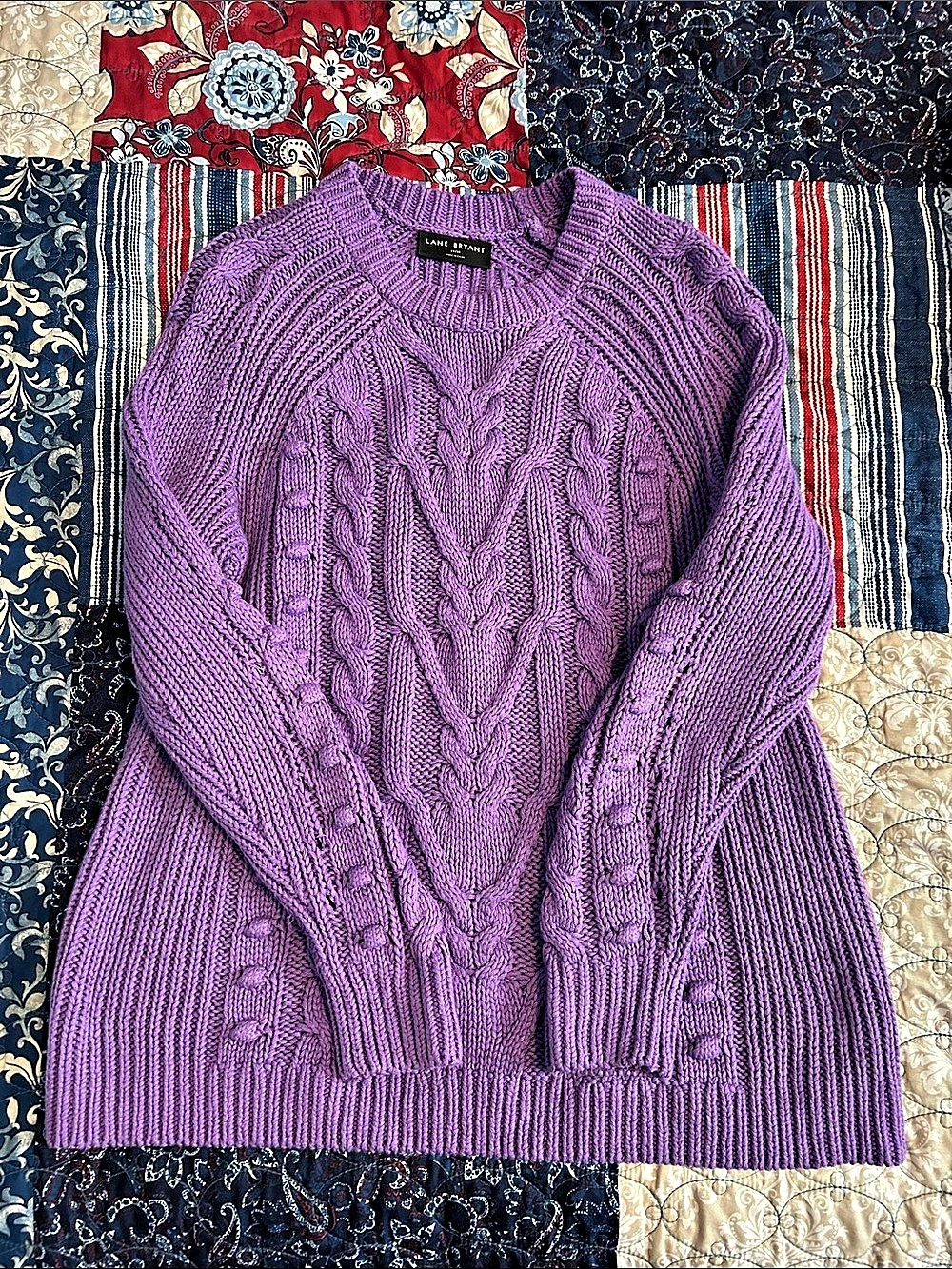 Lane Bryant Cable Knit Crew Neck Pullover Sweater in Purple